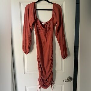 vestique Rust Ribbed Long-Sleeve Bodycon Dress